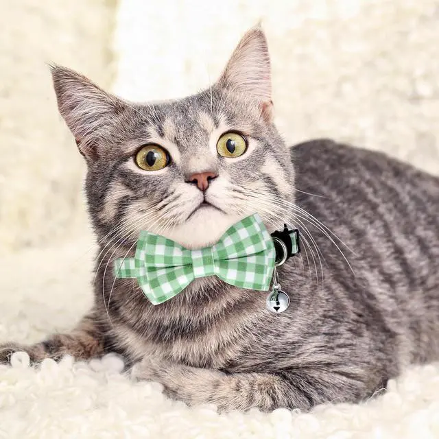Alt view image 3 of 7 - 2 PCS Green Cat Collar with Bell, Breakaway Bowtie Cat Collar Safety Buckle Bowtie Collars for Cats, 8-12 Inch Adjustable Kitten Bow Collars for Girl Boy Cats, Dogs, Pets