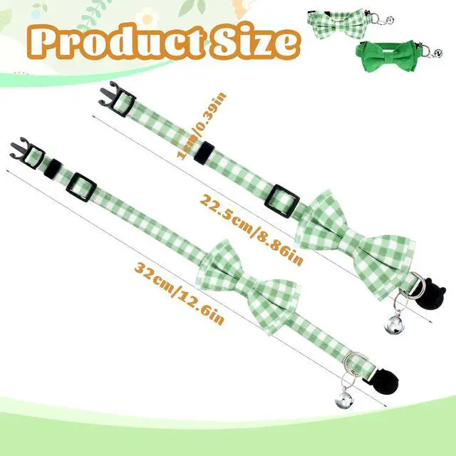 Alt view image 5 of 7 - 2 PCS Green Cat Collar with Bell, Breakaway Bowtie Cat Collar Safety Buckle Bowtie Collars for Cats, 8-12 Inch Adjustable Kitten Bow Collars for Girl Boy Cats, Dogs, Pets