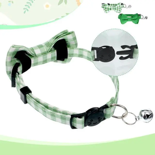 Alt view image 6 of 7 - 2 PCS Green Cat Collar with Bell, Breakaway Bowtie Cat Collar Safety Buckle Bowtie Collars for Cats, 8-12 Inch Adjustable Kitten Bow Collars for Girl Boy Cats, Dogs, Pets