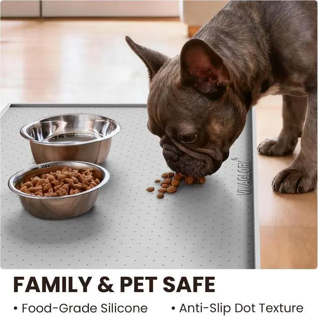 Alt view image 3 of 7 - Pet Food Mat Grippymat Dog Bowl Mat, 19" L x 12" W, Light Grey | Placemat with Raised Edge for Indoor, Waterproof Silicone for Cat Kitty & Puppy