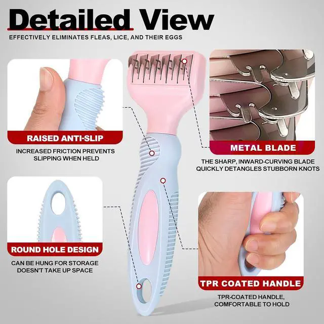 Alt view image 3 of 6 - HOP Pink Professional Pet Dematting Comb for Dogs&Cats Matted Fur Remover | Stainless Steel Blades,ABS+TPR Handle,Dematting Rake Brush,Dematting Tool for Long-Haired Pet Remove Loose Hair Knots Tangle