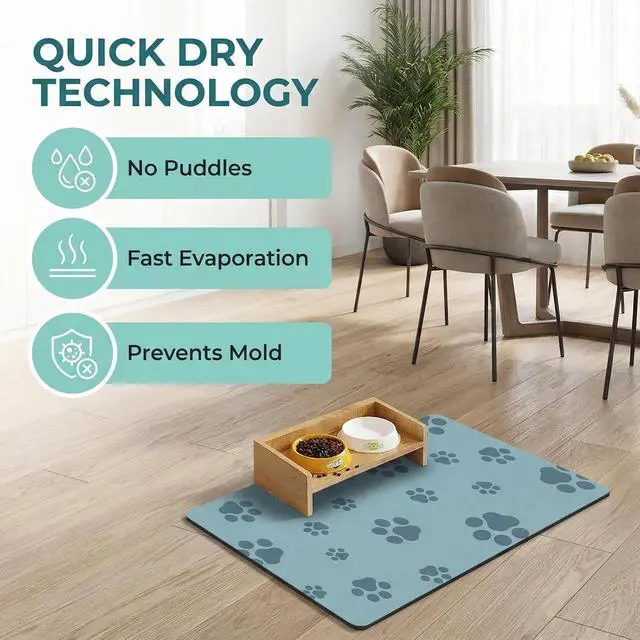 Alt view image 3 of 7 - Pet Feeding Mat Dog Cat Food Mat Absorbent No Stains Quick Dry Rubber Bottom Anti-Slip Water Bowl Mats Easy to Clean for Indoor Pet Placemats Water Dispenser Mat