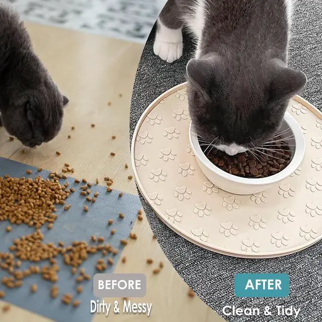 Alt view image 5 of 6 - Pet Feeding Mat, Waterproof, Raised Edges to Prevent Spills, Easy Clean in Dishwasher, Dogs and Cats Placemat Tray to Stop Food and Water Bowl Messes on Floor(1Pack Beige)