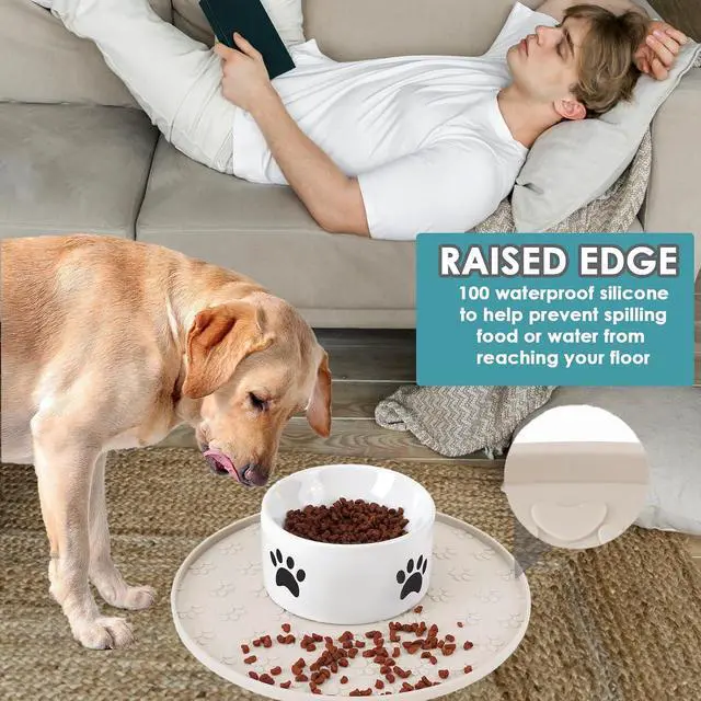 Alt view image 6 of 6 - Pet Feeding Mat, Waterproof, Raised Edges to Prevent Spills, Easy Clean in Dishwasher, Dogs and Cats Placemat Tray to Stop Food and Water Bowl Messes on Floor(1Pack Beige)