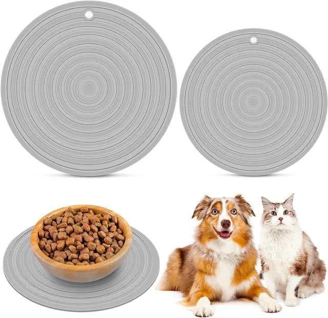 Main image of 2 Pieces Silicone Pet Food Mat Pet Feeding Mat for Dog and Cat Food Bowl Placemat Preventing Food and Water Overflow Suitable for Medium and Small Pet, 9.5 x 9.5 Inch and 7.1 x 7.1 Inch (Gray)