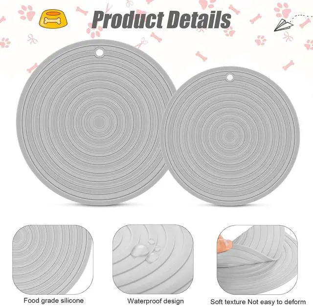 Alt view image 3 of 7 - 2 Pieces Silicone Pet Food Mat Pet Feeding Mat for Dog and Cat Food Bowl Placemat Preventing Food and Water Overflow Suitable for Medium and Small Pet, 9.5 x 9.5 Inch and 7.1 x 7.1 Inch (Gray)