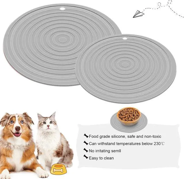 Alt view image 4 of 7 - 2 Pieces Silicone Pet Food Mat Pet Feeding Mat for Dog and Cat Food Bowl Placemat Preventing Food and Water Overflow Suitable for Medium and Small Pet, 9.5 x 9.5 Inch and 7.1 x 7.1 Inch (Gray)