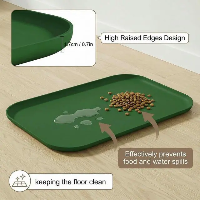 Alt view image 3 of 7 - Non-Slip Silicone Dog Food Mat for Food and Water, 18" x 12" Raised Edge Pet Feeding Mat - Waterproof Dog Bowl Mat Easy Clean for Floor Protector,Dark Green