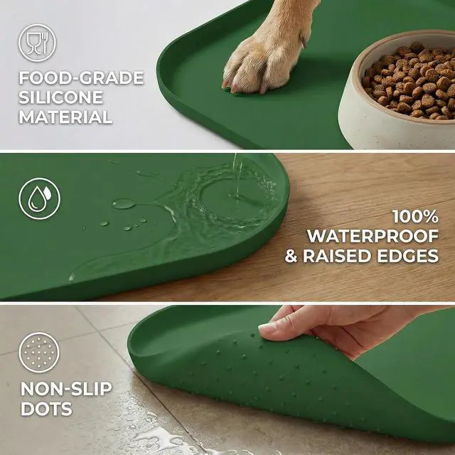 Alt view image 4 of 7 - Non-Slip Silicone Dog Food Mat for Food and Water, 18" x 12" Raised Edge Pet Feeding Mat - Waterproof Dog Bowl Mat Easy Clean for Floor Protector,Dark Green