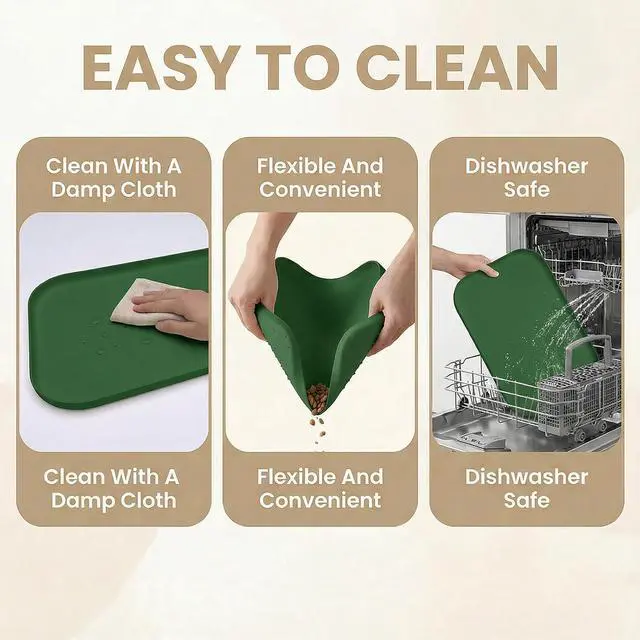 Alt view image 5 of 7 - Non-Slip Silicone Dog Food Mat for Food and Water, 18" x 12" Raised Edge Pet Feeding Mat - Waterproof Dog Bowl Mat Easy Clean for Floor Protector,Dark Green