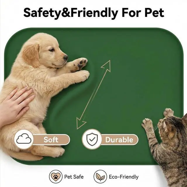 Alt view image 6 of 7 - Non-Slip Silicone Dog Food Mat for Food and Water, 18" x 12" Raised Edge Pet Feeding Mat - Waterproof Dog Bowl Mat Easy Clean for Floor Protector,Dark Green