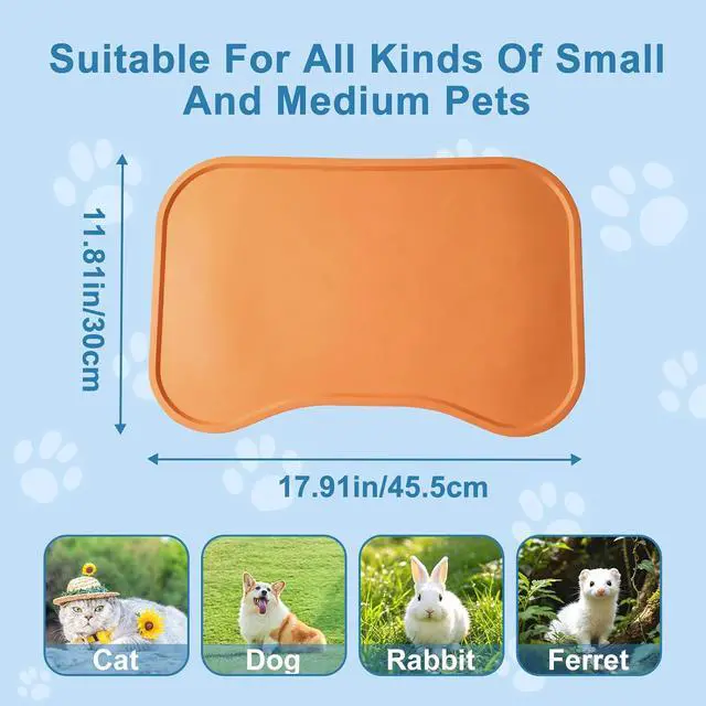 Alt view image 2 of 7 - Silicone Pet Feeding Mat with Raised Edge, Washable Dog Cat Food and Water Mat for Floors Waterproof, Anti-Slip Placement Mat for Cat and Dog Bowl to Prevent Spills (Orange)