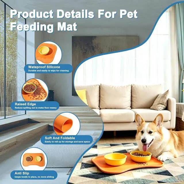 Alt view image 4 of 7 - Silicone Pet Feeding Mat with Raised Edge, Washable Dog Cat Food and Water Mat for Floors Waterproof, Anti-Slip Placement Mat for Cat and Dog Bowl to Prevent Spills (Orange)