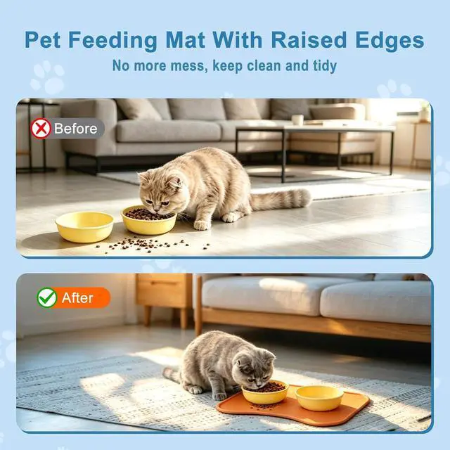 Alt view image 3 of 7 - Silicone Pet Feeding Mat with Raised Edge, Washable Dog Cat Food and Water Mat for Floors Waterproof, Anti-Slip Placement Mat for Cat and Dog Bowl to Prevent Spills (Orange)