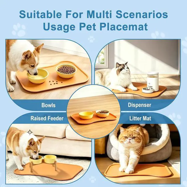 Alt view image 5 of 7 - Silicone Pet Feeding Mat with Raised Edge, Washable Dog Cat Food and Water Mat for Floors Waterproof, Anti-Slip Placement Mat for Cat and Dog Bowl to Prevent Spills (Orange)