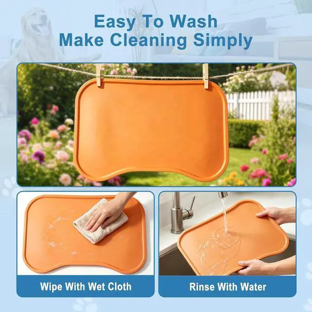 Alt view image 6 of 7 - Silicone Pet Feeding Mat with Raised Edge, Washable Dog Cat Food and Water Mat for Floors Waterproof, Anti-Slip Placement Mat for Cat and Dog Bowl to Prevent Spills (Orange)