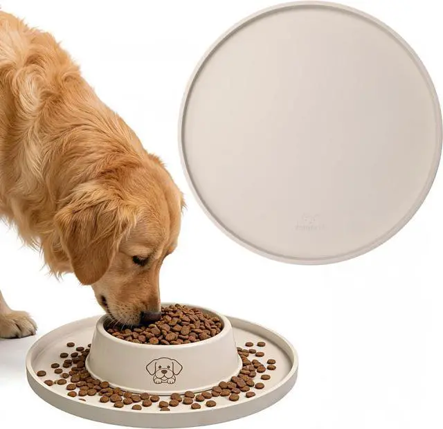 Main image of Dog Food Mat, 10in Silicone Pet Food Mat Nonslip Dog Bowl Mat | Round Dog Feeding Mat with Raised Edges Prevent Spills for Floors Waterproof Dog Food Tray Cat Eating Mat, Puppy Cat Supplies