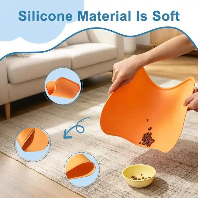Alt view image 7 of 7 - Silicone Pet Feeding Mat with Raised Edge, Washable Dog Cat Food and Water Mat for Floors Waterproof, Anti-Slip Placement Mat for Cat and Dog Bowl to Prevent Spills (Orange)