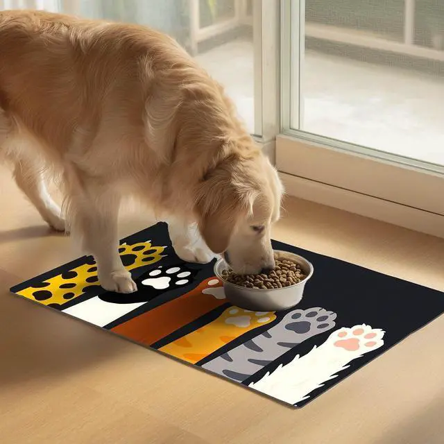 Alt view image 2 of 7 - Pet Food Mat Animal Paw Print Bowl Placemat 20 x 12 Inch | Non Slip Easy Clean Pet Bowl Mat Food Bowl Floor Mat for Kitchen Floor Feeding Station and Home Animal Paw Print
