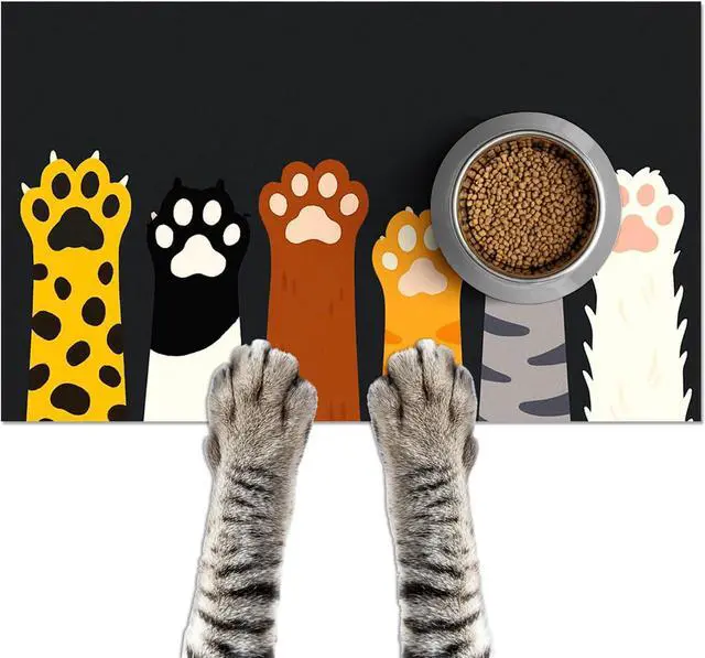 Main image of Pet Food Mat Animal Paw Print Bowl Placemat 20 x 12 Inch | Non Slip Easy Clean Pet Bowl Mat Food Bowl Floor Mat for Kitchen Floor Feeding Station and Home Animal Paw Print