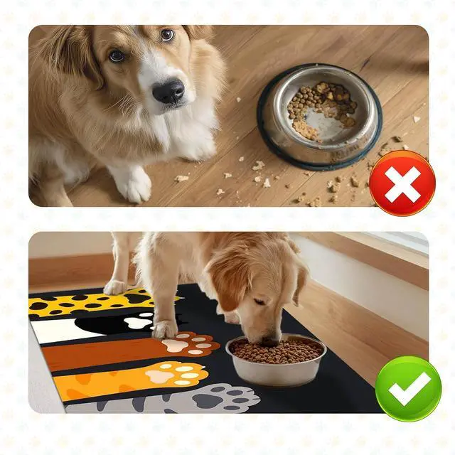 Alt view image 7 of 7 - Pet Food Mat Animal Paw Print Bowl Placemat 20 x 12 Inch | Non Slip Easy Clean Pet Bowl Mat Food Bowl Floor Mat for Kitchen Floor Feeding Station and Home Animal Paw Print