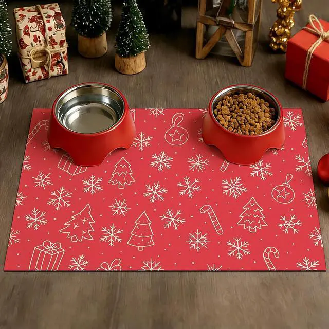 Alt view image 2 of 7 - Pet Food Mat Christmas Holiday Feeding Pad 24 x 16 Inch | Pet Bowl Mat Food and Water Placemat for Small Pets Indoor Area Pet Station and Dining Space Christmas Holiday