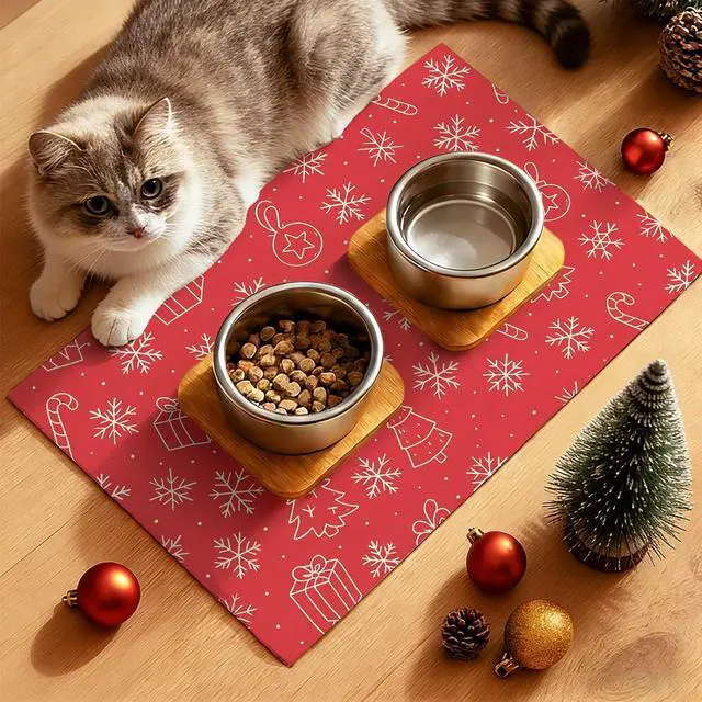 Alt view image 3 of 7 - Pet Food Mat Christmas Holiday Feeding Pad 24 x 16 Inch | Pet Bowl Mat Food and Water Placemat for Small Pets Indoor Area Pet Station and Dining Space Christmas Holiday