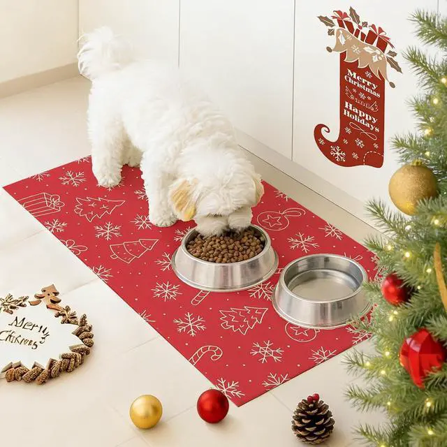 Alt view image 4 of 7 - Pet Food Mat Christmas Holiday Feeding Pad 24 x 16 Inch | Pet Bowl Mat Food and Water Placemat for Small Pets Indoor Area Pet Station and Dining Space Christmas Holiday