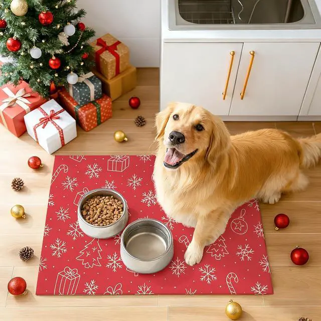 Alt view image 5 of 7 - Pet Food Mat Christmas Holiday Feeding Pad 24 x 16 Inch | Pet Bowl Mat Food and Water Placemat for Small Pets Indoor Area Pet Station and Dining Space Christmas Holiday
