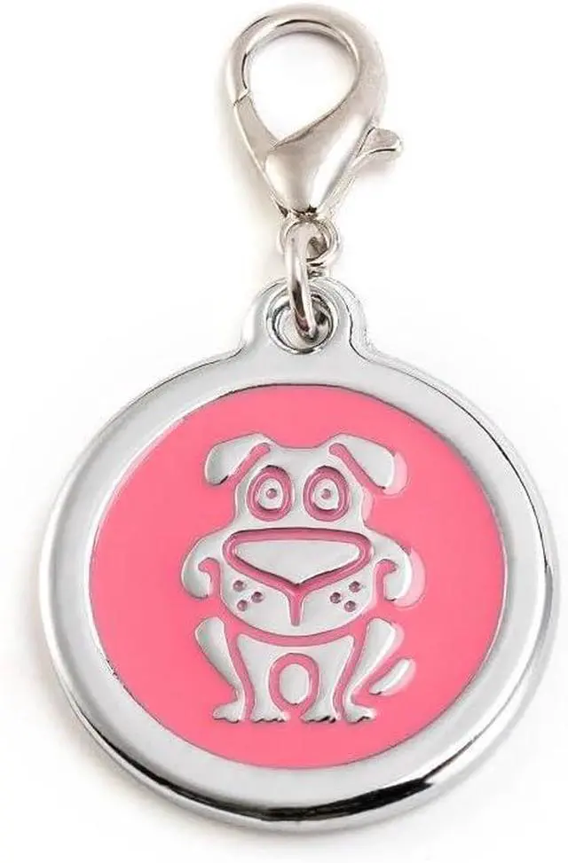 Main image of Personalized Funky Dog Design Pet ID Tags with Quick Tag Clip - Puppy Name tag, Happy Dogs ID tag, Laser Engraved pet Tags, Custom pet Name tag (Dog-Round-Small: Pink)