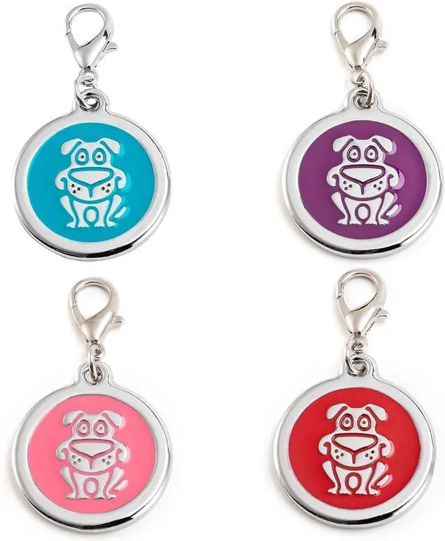 Alt view image 7 of 7 - Personalized Funky Dog Design Pet ID Tags with Quick Tag Clip - Puppy Name tag, Happy Dogs ID tag, Laser Engraved pet Tags, Custom pet Name tag (Dog-Round-Small: Pink)