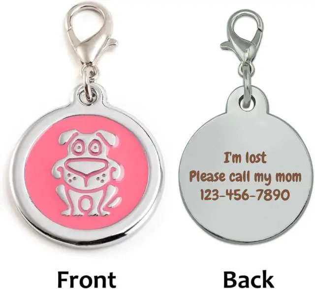 Alt view image 4 of 7 - Personalized Funky Dog Design Pet ID Tags with Quick Tag Clip - Puppy Name tag, Happy Dogs ID tag, Laser Engraved pet Tags, Custom pet Name tag (Dog-Round-Small: Pink)