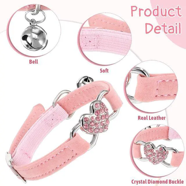 Alt view image 2 of 7 - Adjustable Cat Collar, Cat Collars for Girl Cats, Bling Rhinestone Heart,Pink Cats Collar, Pink Puppy Collars with Bell, 8-11 Inches