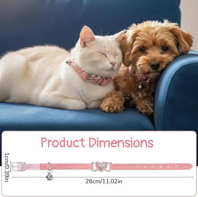 Alt view image 3 of 7 - Adjustable Cat Collar, Cat Collars for Girl Cats, Bling Rhinestone Heart,Pink Cats Collar, Pink Puppy Collars with Bell, 8-11 Inches