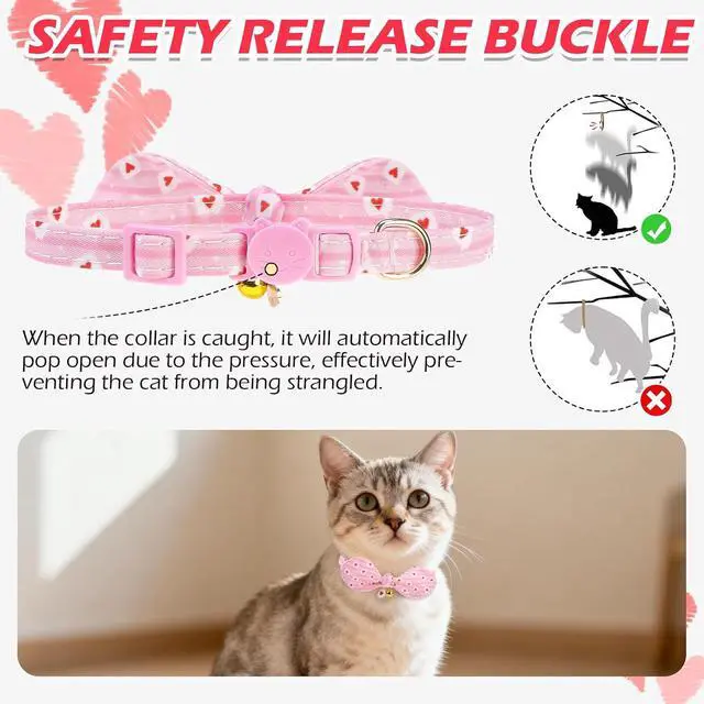 Alt view image 3 of 7 - Bunny Ear Cat Collar with Bell, Soft Breakaway Kitten Collar with Bow and Accessory, Pink Girl Cat Collars with Safety Quick Release Clasp, Pet Collar for Valentine's Day (Heart)