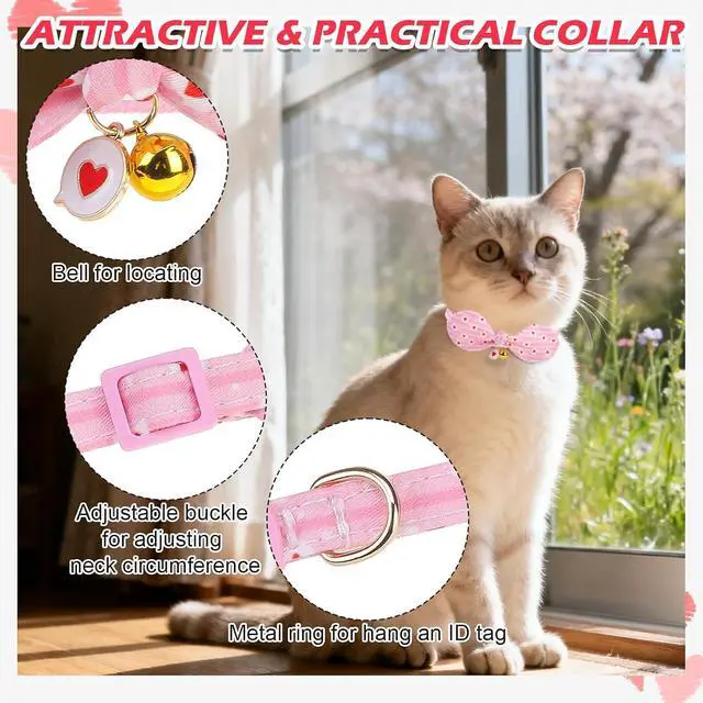 Alt view image 4 of 7 - Bunny Ear Cat Collar with Bell, Soft Breakaway Kitten Collar with Bow and Accessory, Pink Girl Cat Collars with Safety Quick Release Clasp, Pet Collar for Valentine's Day (Heart)