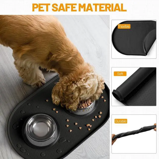 Alt view image 5 of 7 - 100% Waterproof Silicone Pet Feeding Mat with Raised Edge for Food and Water, Dog Bowl Mats, Cat Bowls Placemat with High Lip Protects Floor for Cats and Dogs (Black, 16" L x 10" W)