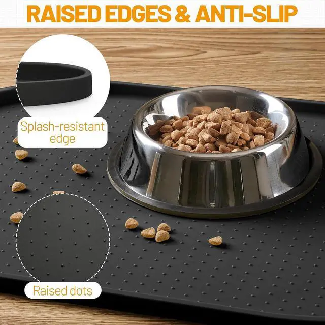 Alt view image 3 of 7 - 100% Waterproof Silicone Pet Feeding Mat with Raised Edge for Food and Water, Dog Bowl Mats, Cat Bowls Placemat with High Lip Protects Floor for Cats and Dogs (Black, 16" L x 10" W)