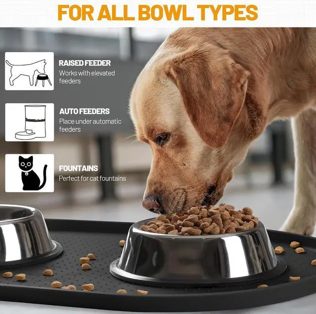 Alt view image 6 of 7 - 100% Waterproof Silicone Pet Feeding Mat with Raised Edge for Food and Water, Dog Bowl Mats, Cat Bowls Placemat with High Lip Protects Floor for Cats and Dogs (Black, 16" L x 10" W)
