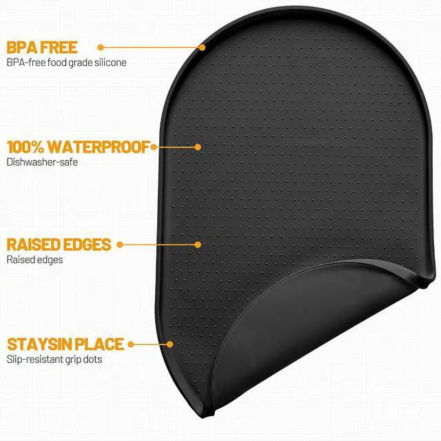 Alt view image 2 of 7 - 100% Waterproof Silicone Pet Feeding Mat with Raised Edge for Food and Water, Dog Bowl Mats, Cat Bowls Placemat with High Lip Protects Floor for Cats and Dogs (Black, 16" L x 10" W)