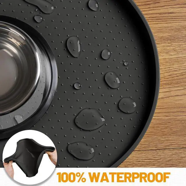 Alt view image 4 of 7 - 100% Waterproof Silicone Pet Feeding Mat with Raised Edge for Food and Water, Dog Bowl Mats, Cat Bowls Placemat with High Lip Protects Floor for Cats and Dogs (Black, 16" L x 10" W)