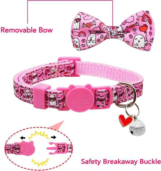 Alt view image 2 of 7 - Valentine's Day Cat Collar with Bow Tie Bell & Charms BreakawayBack Heart and Pink Flowers for Male and Female Cats, Adjustable Holiday Kitten Collar for Boys & Girls