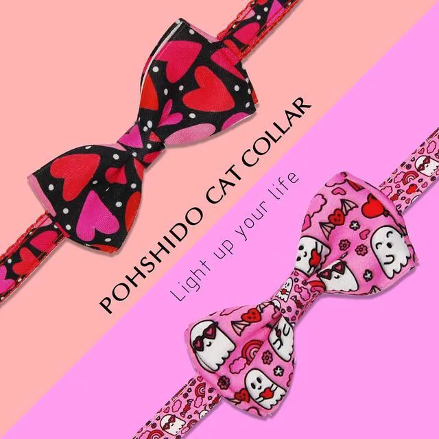 Alt view image 3 of 7 - Valentine's Day Cat Collar with Bow Tie Bell & Charms BreakawayBack Heart and Pink Flowers for Male and Female Cats, Adjustable Holiday Kitten Collar for Boys & Girls