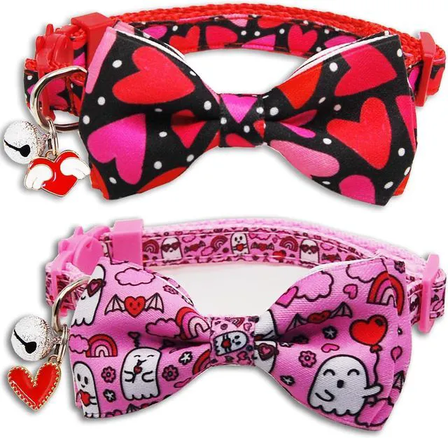 Main image of Valentine's Day Cat Collar with Bow Tie Bell & Charms BreakawayBack Heart and Pink Flowers for Male and Female Cats, Adjustable Holiday Kitten Collar for Boys & Girls