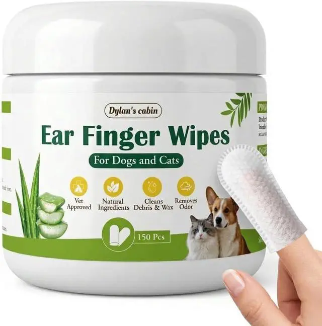 Main image of Dog Ear Wipes, 150 Count Finger Wipes, Alcohol-Free | Pre-moistened finger wipes lift wax and debris from the outer ear, gentle enough for daily dog and cat ear care.