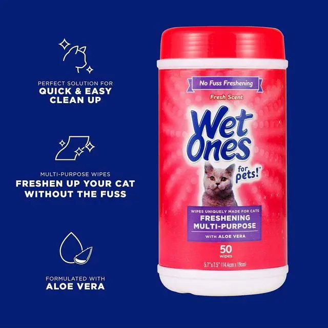 Alt view image 2 of 7 - for Cats Freshening Wipes with Aloe Vera, Fresh Scent, 50 Count | Multi-purpose grooming wipes remove dirt, odor, and dander between baths, gentle for regular use on cats