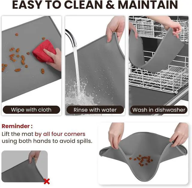 Alt view image 6 of 7 - Pet Food Mat Grippymat Dog Bowl Mat, 19" L x 12" W, Light Grey | Placemat with Raised Edge for Indoor, Waterproof Silicone for Cat Kitty & Puppy