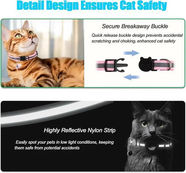 Alt view image 5 of 7 - Reflective Cat Collar Fits for AirTag Holder, Breakaway Safety Buckle, Bell & Adjustable Strap for Cats Kittens - Compatible with Apple AirTag, Anti-Lost Pet Tracker Collar,Pink