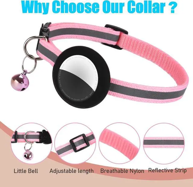 Alt view image 6 of 7 - Reflective Cat Collar Fits for AirTag Holder, Breakaway Safety Buckle, Bell & Adjustable Strap for Cats Kittens - Compatible with Apple AirTag, Anti-Lost Pet Tracker Collar,Pink