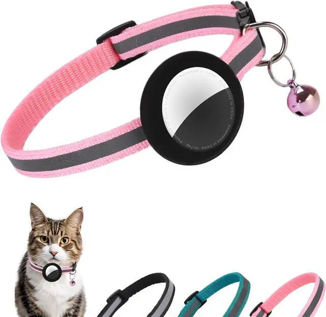 Main image of Reflective Cat Collar Fits for AirTag Holder, Breakaway Safety Buckle, Bell & Adjustable Strap for Cats Kittens - Compatible with Apple AirTag, Anti-Lost Pet Tracker Collar,Pink